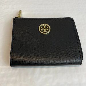 Tory Burch Womens Black Cardholder Keychain Half Zip Around Wallet Size OS